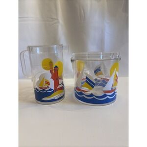 VTG 1990's Wellington SailBoat & Lighthouse Acrylic Pitcher/IceBucket‎ Tongs